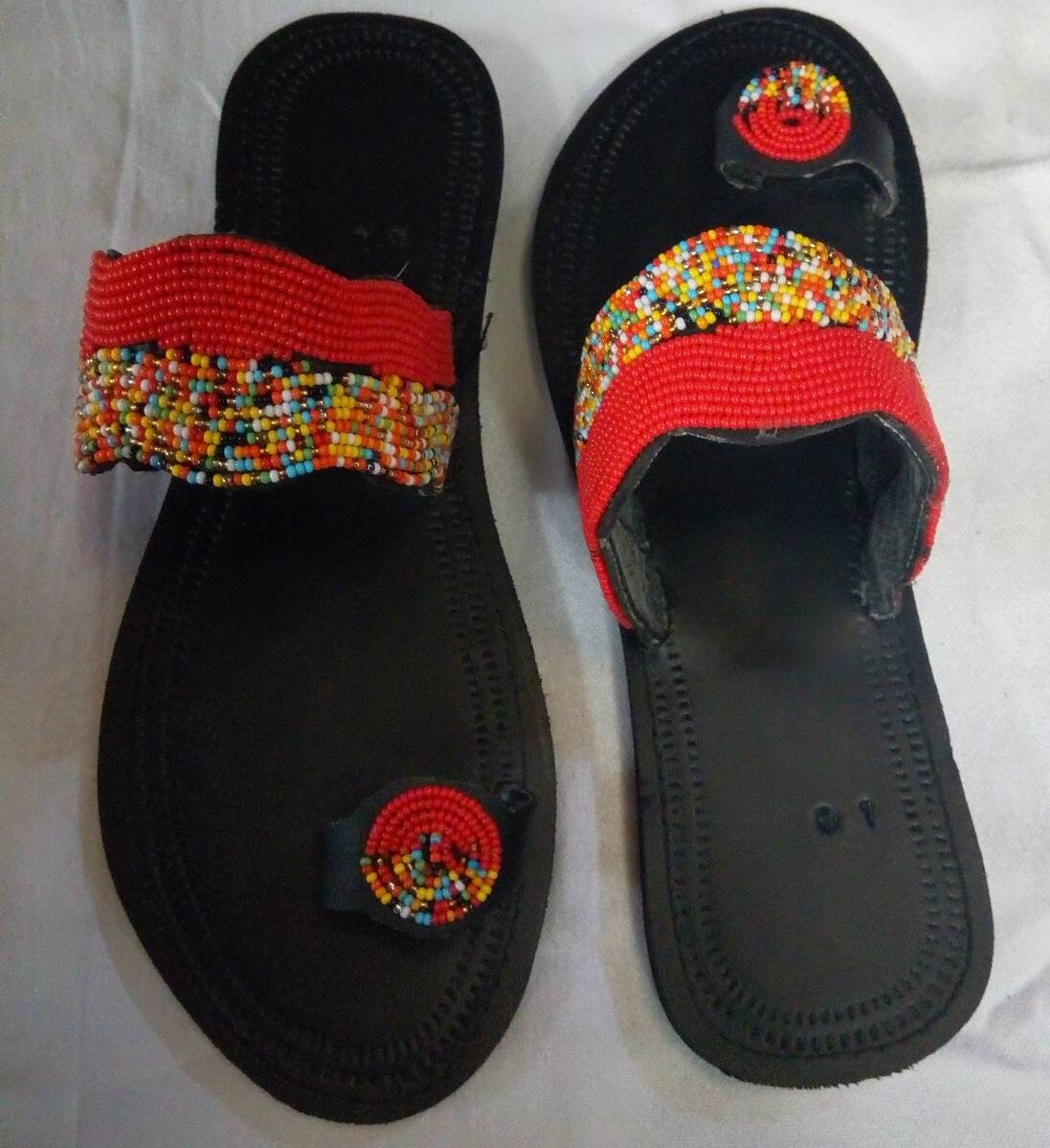 Handmade African Beaded Sandals/Authentic Maasai-Style Leather Flip-Flops Women/Boho Beach Sandals/Comfortable Summer Sandal African Gifts