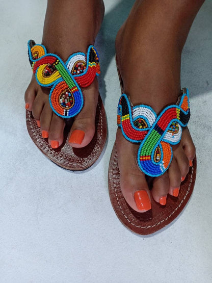 Handmade African Beaded Sandals/Authentic Maasai-Style Leather Flip-Flops Women/Boho Beach Sandals/Comfortable Summer Sandal African Gifts