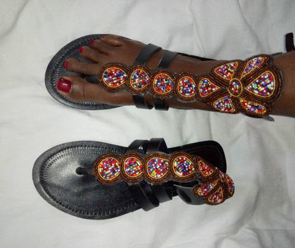 Handmade African Beaded Sandals/Authentic Maasai-Style Leather Flip-Flops Women/Boho Beach Sandals/Comfortable Summer Sandal African Gifts