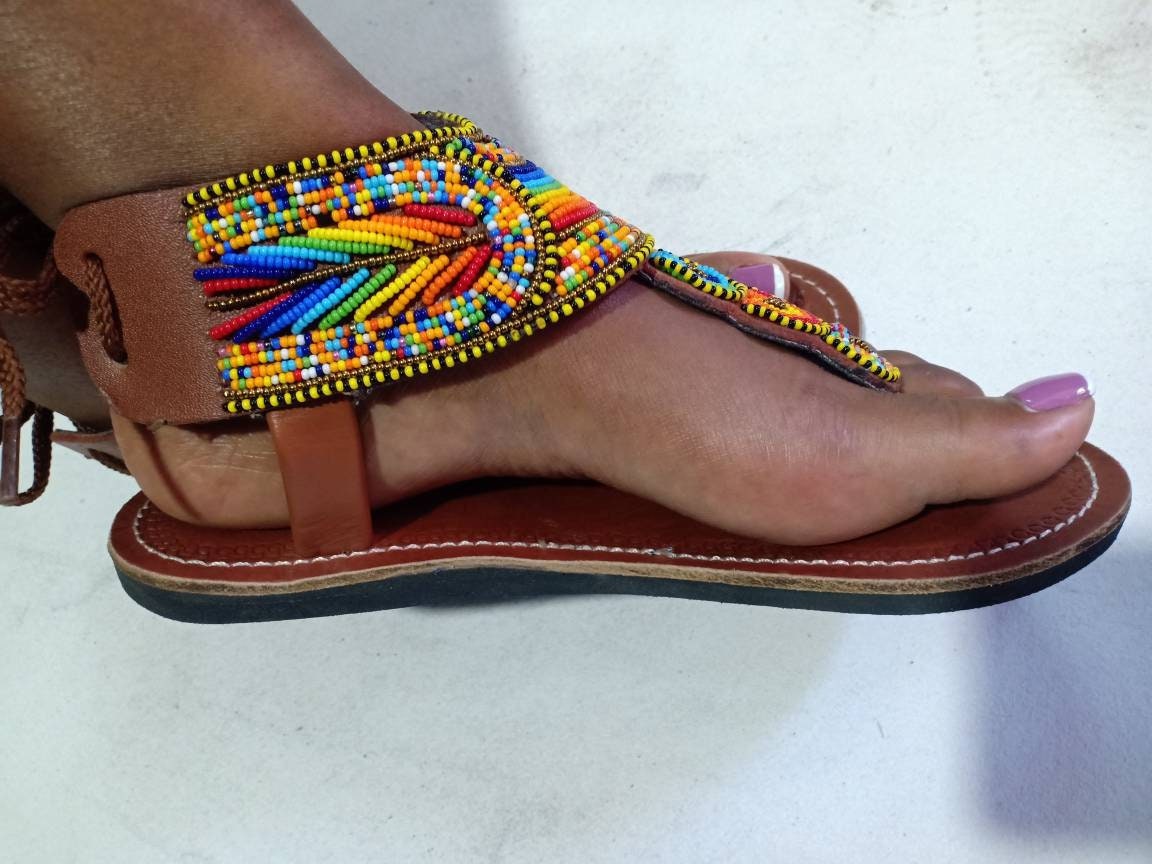 Handmade African Beaded Sandals/Authentic Maasai-Style Leather Flip-Flops Women/Boho Beach Sandals/Comfortable Summer Sandal African Gifts