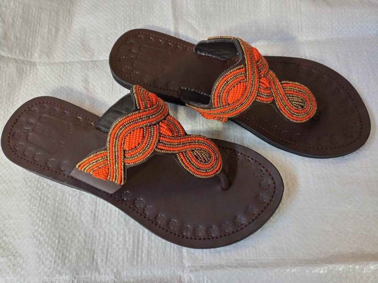 Handmade African Beaded Sandals/Authentic Maasai-Style Leather Flip-Flops Women/Boho Beach Sandals/Comfortable Summer Sandal African Gifts
