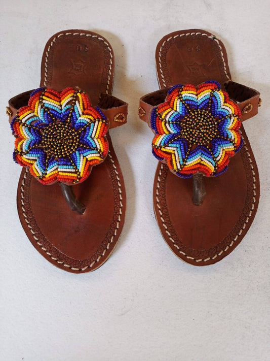 Handmade African Beaded Sandals/Authentic Maasai-Style Leather Flip-Flops Women/Boho Beach Sandals/Comfortable Summer Sandal African Gifts