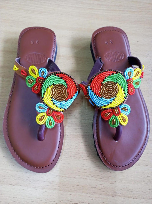 Handmade African Beaded Sandals/Authentic Maasai-Style Leather Flip-Flops Women/Boho Beach Sandals/Comfortable Summer Sandal African Gifts