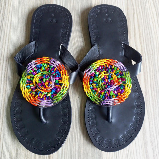 Handmade African Beaded Sandals/Authentic Maasai-Style Leather Flip-Flops Women/Boho Beach Sandals/Comfortable Summer Sandal African Gifts