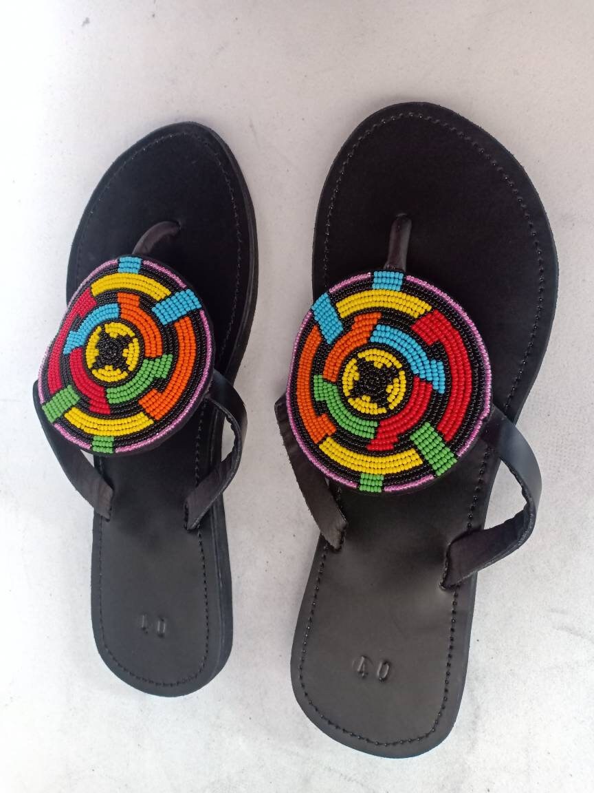 Handmade African Beaded Sandals/Authentic Maasai-Style Leather Flip-Flops Women/Boho Beach Sandals/Comfortable Summer Sandal African Gifts
