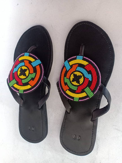 Handmade African Beaded Sandals/Authentic Maasai-Style Leather Flip-Flops Women/Boho Beach Sandals/Comfortable Summer Sandal African Gifts