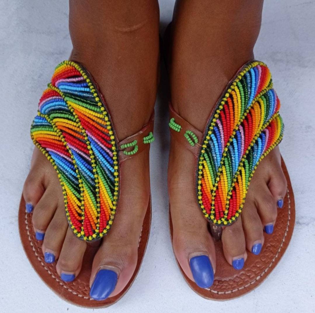 Handmade African Beaded Sandals/Authentic Maasai-Style Leather Flip-Flops Women/Boho Beach Sandals/Comfortable Summer Sandal African Gifts