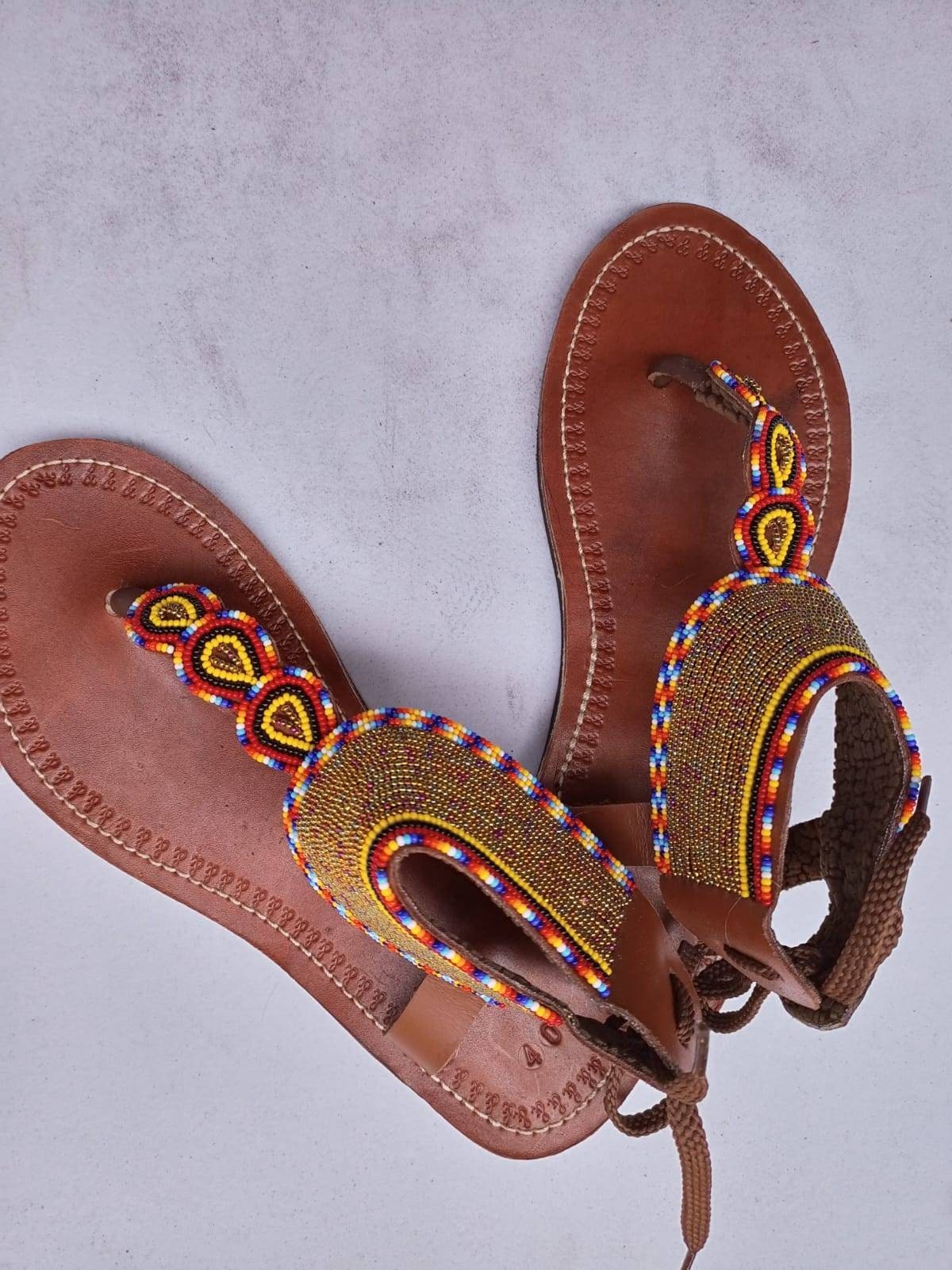 Handmade African Beaded Sandals/Authentic Maasai-Style Leather Flip-Flops Women/Boho Beach Sandals/Comfortable Summer Sandal African Gifts