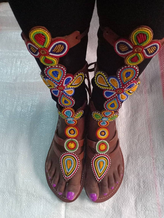 Handmade African Beaded Sandals/Authentic Maasai-Style Leather Flip-Flops Women/Boho Beach Sandals/Comfortable Summer Sandal African Gifts