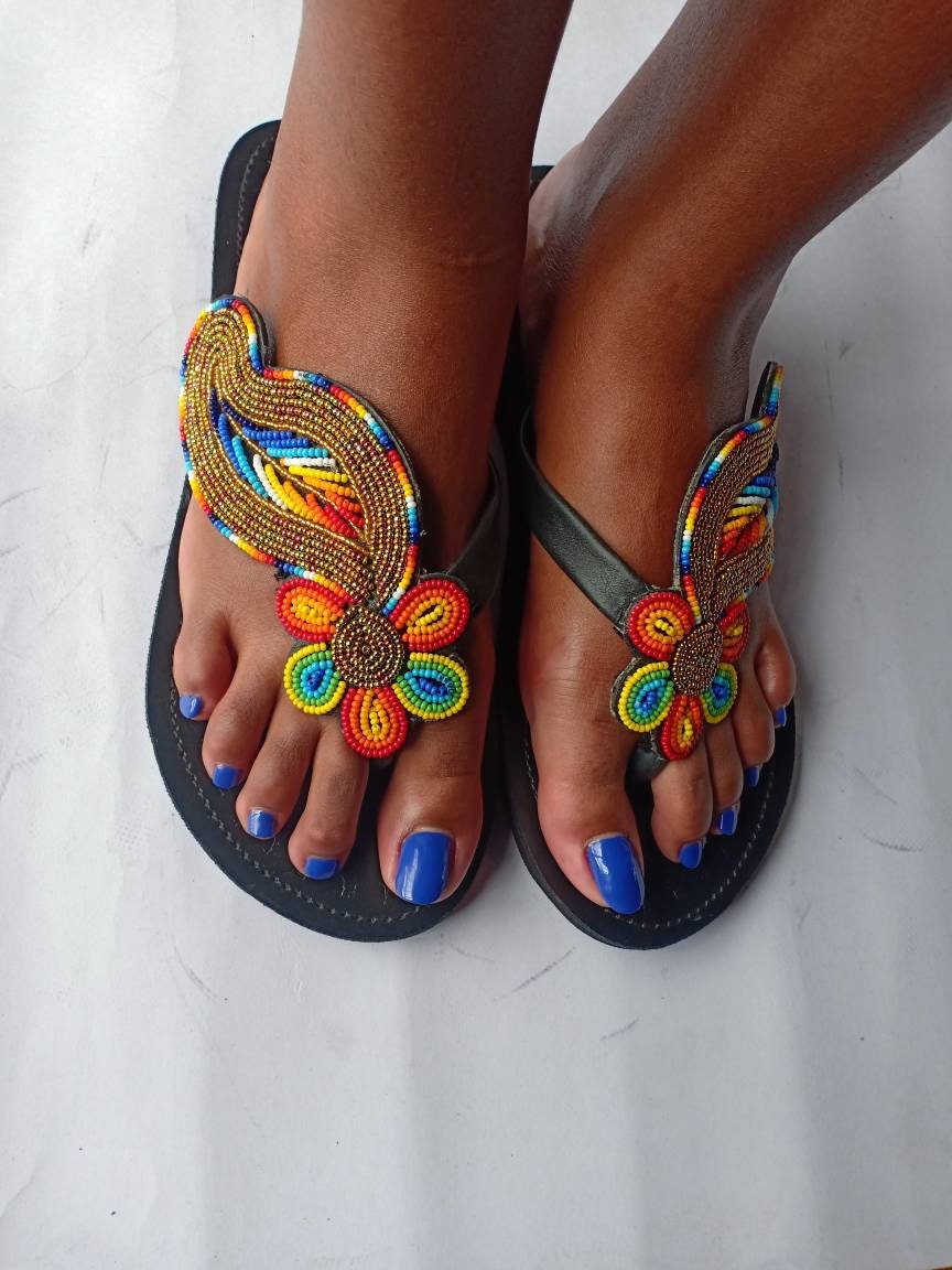 Handmade African Beaded Sandals/Authentic Maasai-Style Leather Flip-Flops Women/Boho Beach Sandals/Comfortable Summer Sandal African Gifts