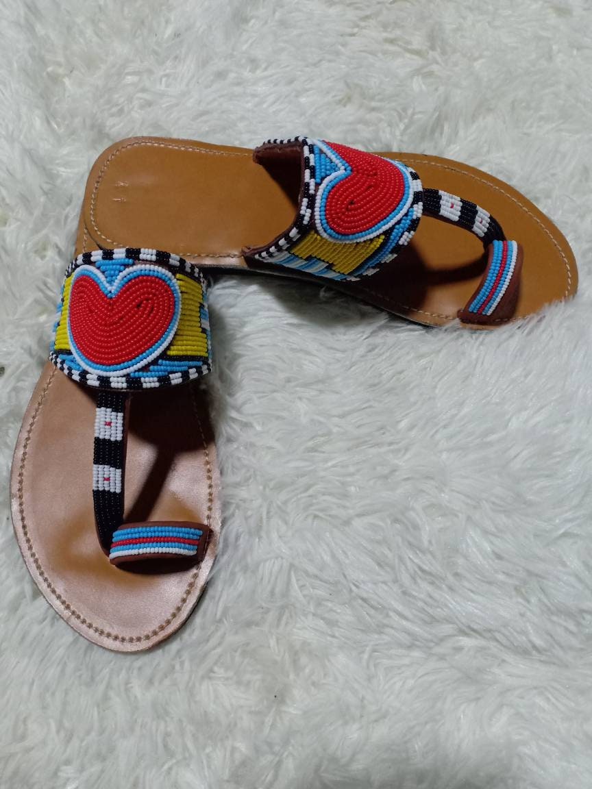Handmade African Beaded Sandals/Authentic Maasai-Style Leather Flip-Flops Women/Boho Beach Sandals/Comfortable Summer Sandal African Gifts