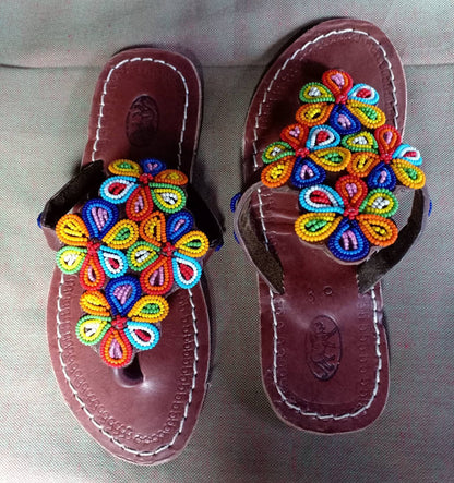 Handmade African Beaded Sandals/Authentic Maasai-Style Leather Flip-Flops Women/Boho Beach Sandals/Comfortable Summer Sandal African Gifts