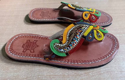 Handmade African Beaded Sandals/Authentic Maasai-Style Leather Flip-Flops Women/Boho Beach Sandals/Comfortable Summer Sandal African Gifts
