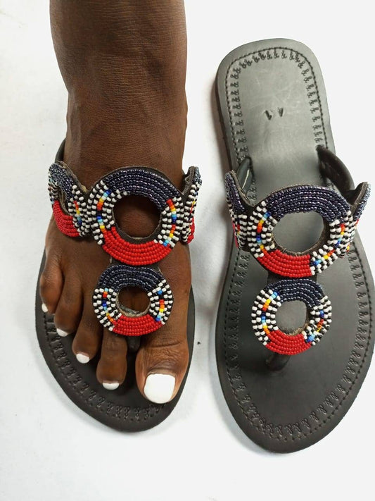 Handmade African Beaded Sandals/Authentic Maasai-Style Leather Flip-Flops Women/Boho Beach Sandals/Comfortable Summer Sandal African Gifts