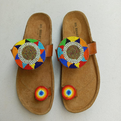 Handmade African Beaded Sandals/Authentic Maasai-Style Leather Flip-Flops Women/Boho Beach Sandals/Comfortable Summer Sandal African Gifts
