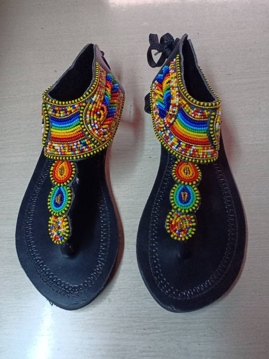 Handmade African Beaded Sandals/Authentic Maasai-Style Leather Flip-Flops Women/Boho Beach Sandals/Comfortable Summer Sandal African Gifts