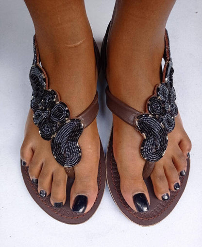 Handmade African Beaded Sandals/Authentic Maasai-Style Leather Flip-Flops Women/Boho Beach Sandals/Comfortable Summer Sandal African Gifts
