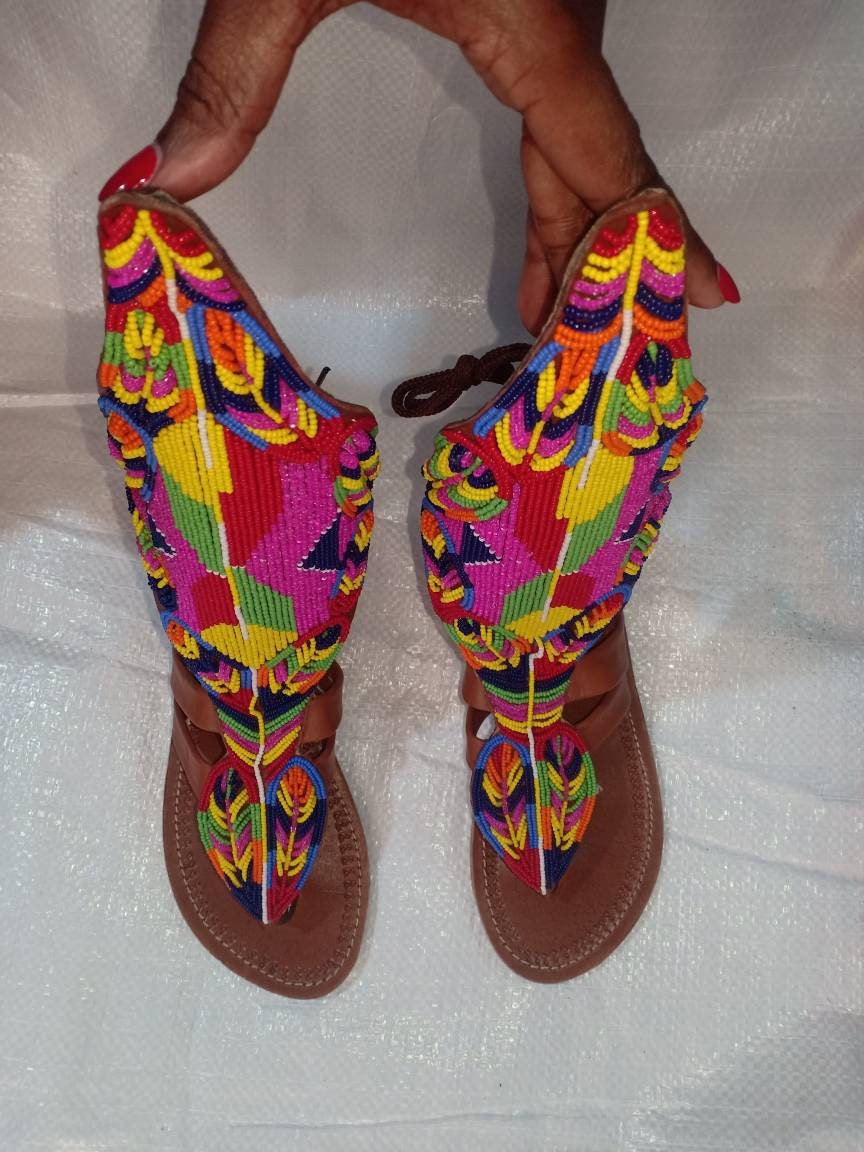 Handmade African Beaded Sandals/Authentic Maasai-Style Leather Flip-Flops Women/Boho Beach Sandals/Comfortable Summer Sandal African Gifts