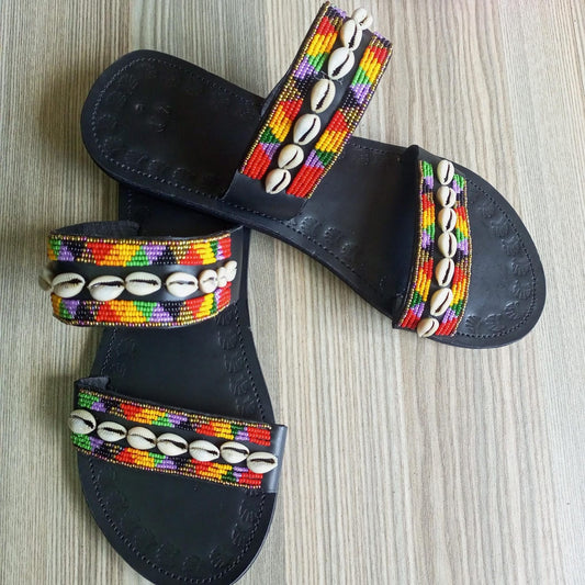 Handmade African Beaded Sandals/Authentic Maasai-Style Leather Flip-Flops Women/Boho Beach Sandals/Comfortable Summer Sandal African Gifts