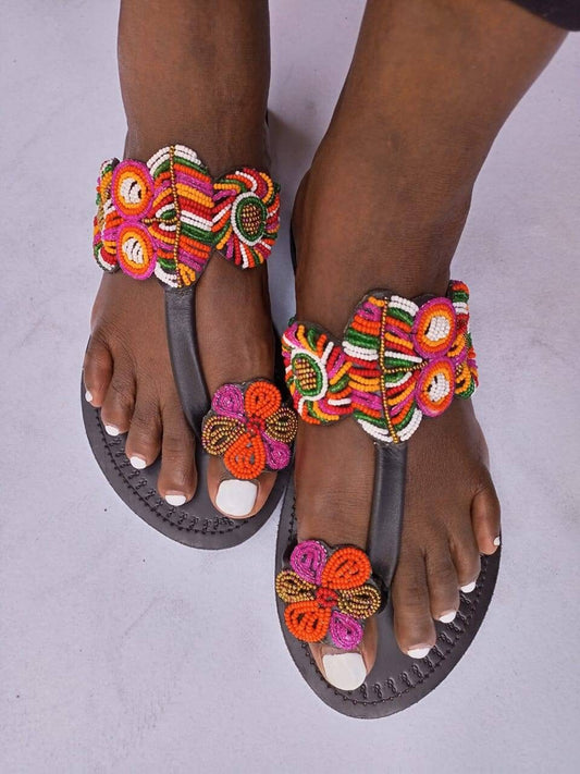 Handmade African Beaded Sandals/Authentic Maasai-Style Leather Flip-Flops Women/Boho Beach Sandals/Comfortable Summer Sandal African Gifts
