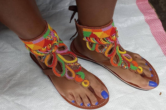 Handmade African Beaded Sandals/Authentic Maasai-Style Leather Flip-Flops Women/Boho Beach Sandals/Comfortable Summer Sandal African Gifts