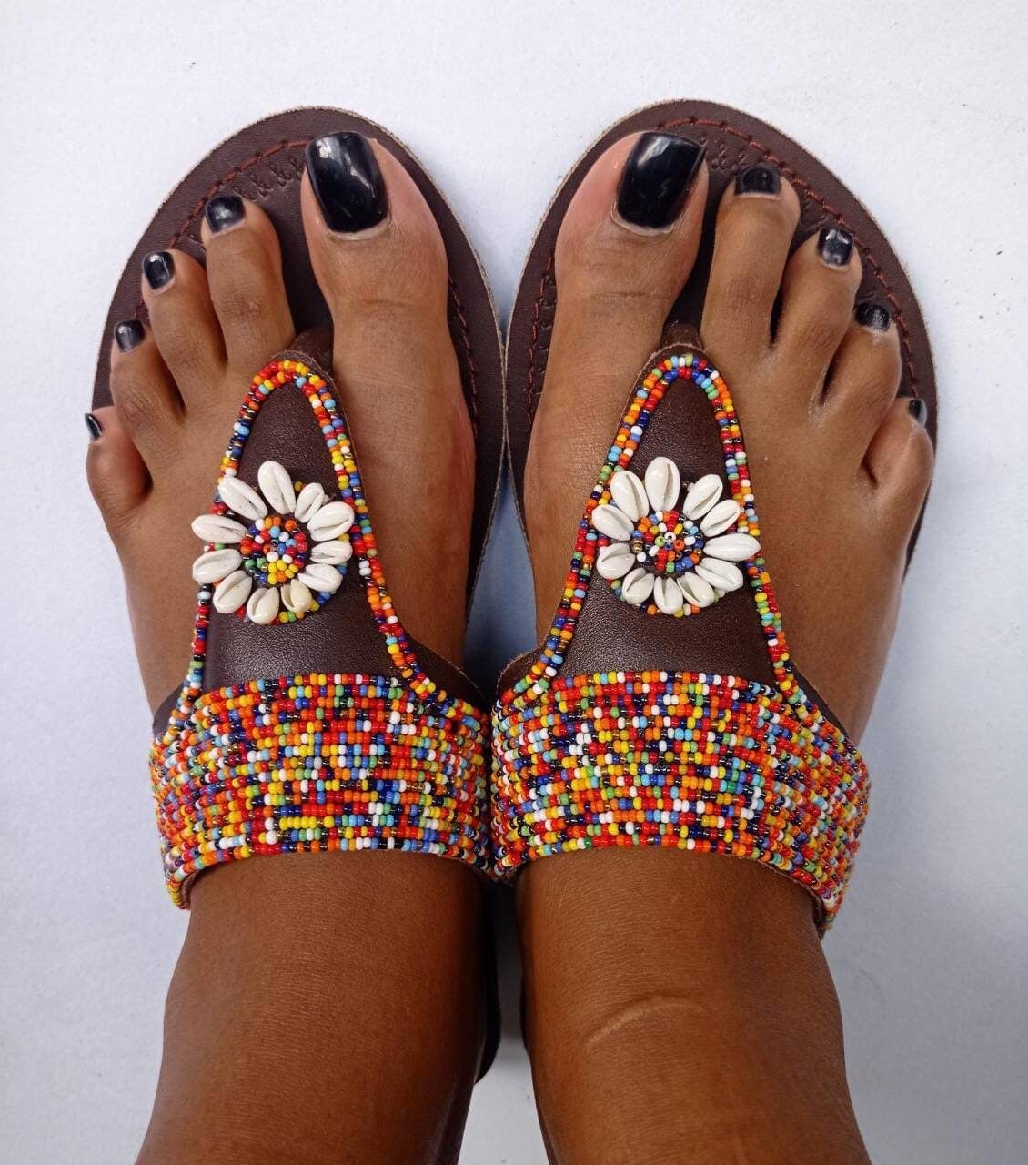 Handmade African Beaded Sandals/Authentic Maasai-Style Leather Flip-Flops Women/Boho Beach Sandals/Comfortable Summer Sandal African Gifts