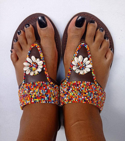 Handmade African Beaded Sandals/Authentic Maasai-Style Leather Flip-Flops Women/Boho Beach Sandals/Comfortable Summer Sandal African Gifts