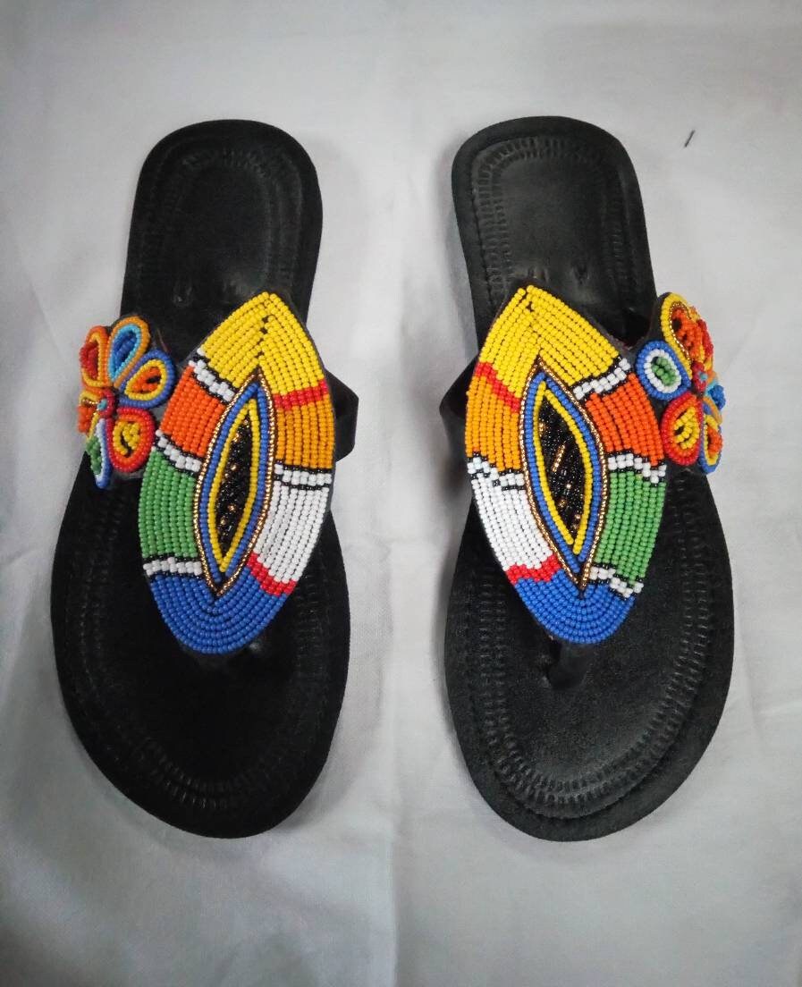 Handmade African Beaded Sandals/Authentic Maasai-Style Leather Flip-Flops Women/Boho Beach Sandals/Comfortable Summer Sandal African Gifts