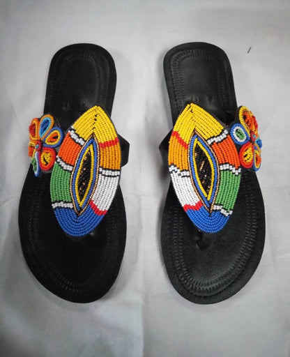 Handmade African Beaded Sandals/Authentic Maasai-Style Leather Flip-Flops Women/Boho Beach Sandals/Comfortable Summer Sandal African Gifts