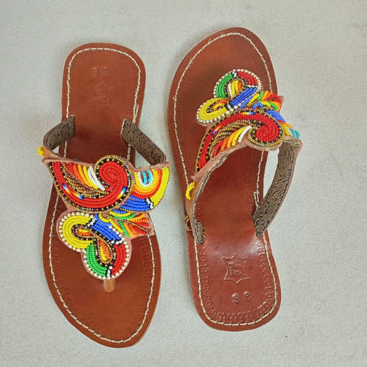 Handmade African Beaded Sandals/Authentic Maasai-Style Leather Flip-Flops Women/Boho Beach Sandals/Comfortable Summer Sandal African Gifts