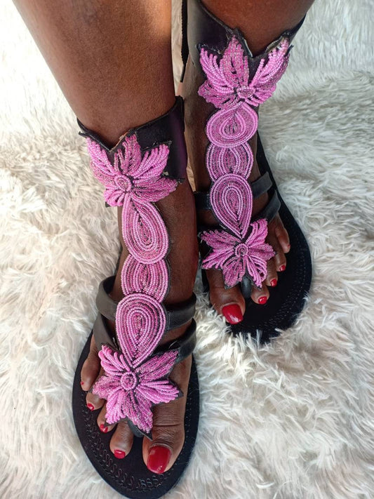 Handmade African Beaded Sandals/Authentic Maasai-Style Leather Flip-Flops Women/Boho Beach Sandals/Comfortable Summer Sandal African Gifts