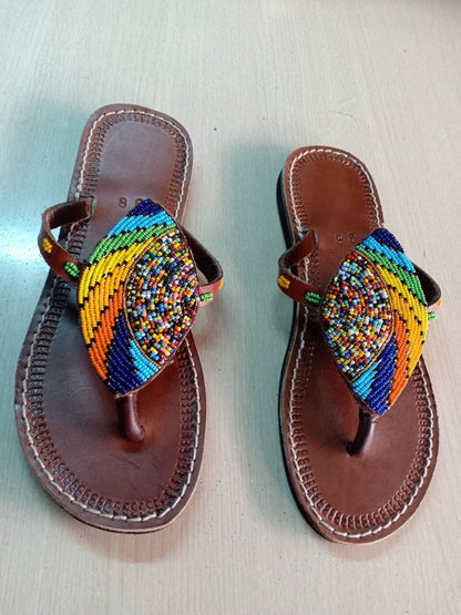 Handmade African Beaded Sandals/Authentic Maasai-Style Leather Flip-Flops Women/Boho Beach Sandals/Comfortable Summer Sandal African Gifts