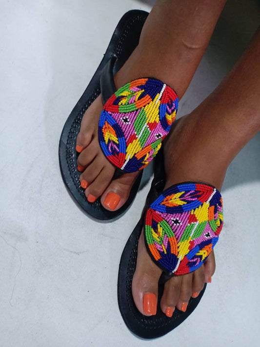 Handmade African Beaded Sandals/Authentic Maasai-Style Leather Flip-Flops Women/Boho Beach Sandals/Comfortable Summer Sandal African Gifts