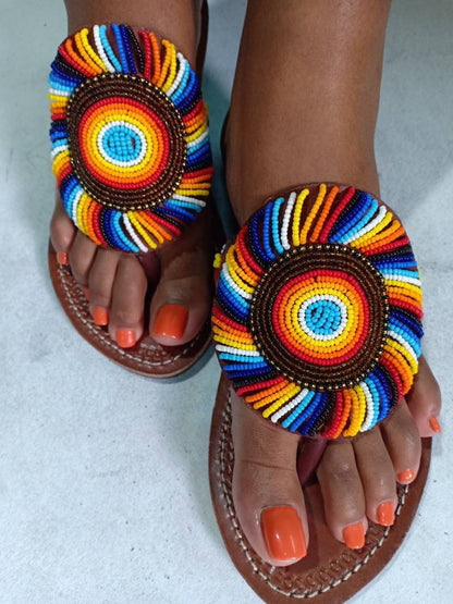 Handmade African Beaded Sandals/Authentic Maasai-Style Leather Flip-Flops Women/Boho Beach Sandals/Comfortable Summer Sandal African Gifts