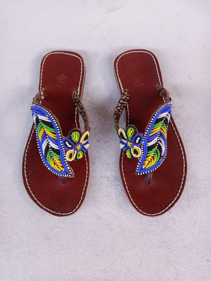 Handmade African Beaded Sandals/Authentic Maasai-Style Leather Flip-Flops Women/Boho Beach Sandals/Comfortable Summer Sandal African Gifts