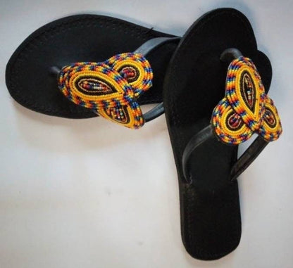 Handmade African Beaded Sandals/Authentic Maasai-Style Leather Flip-Flops Women/Boho Beach Sandals/Comfortable Summer Sandal African Gifts