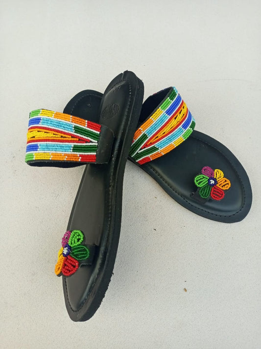 Handmade African Beaded Sandals/Authentic Maasai-Style Leather Flip-Flops Women/Boho Beach Sandals/Comfortable Summer Sandal African Gifts
