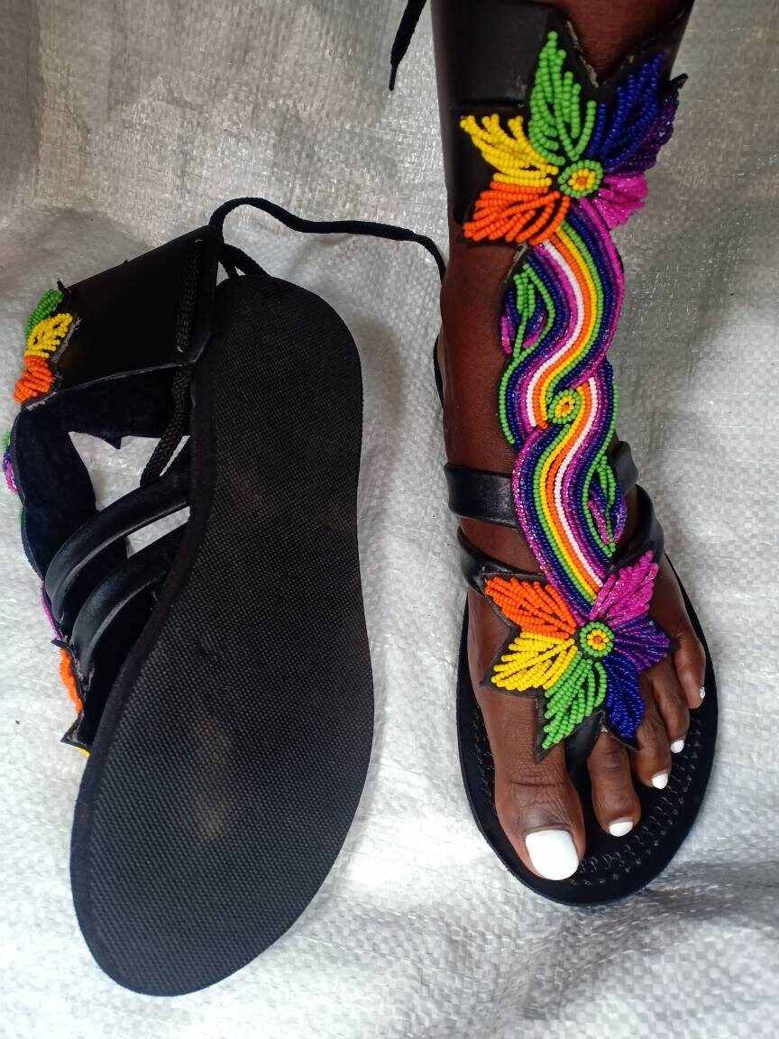 Handmade African Beaded Sandals/Authentic Maasai-Style Leather Flip-Flops Women/Boho Beach Sandals/Comfortable Summer Sandal African Gifts