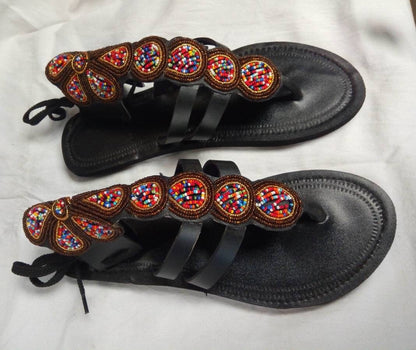 Handmade African Beaded Sandals/Authentic Maasai-Style Leather Flip-Flops Women/Boho Beach Sandals/Comfortable Summer Sandal African Gifts