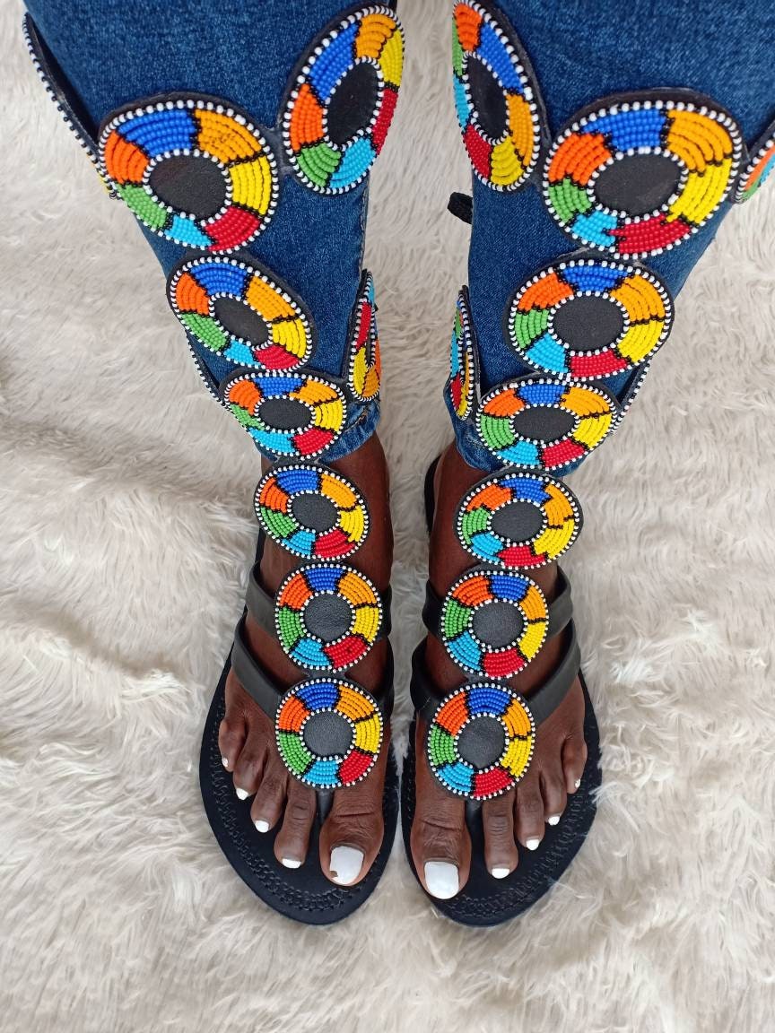 Handmade African Beaded Sandals/Authentic Maasai-Style Leather Flip-Flops Women/Boho Beach Sandals/Comfortable Summer Sandal African Gifts