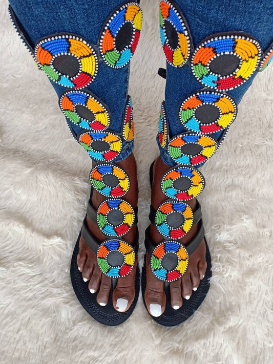 Handmade African Beaded Sandals/Authentic Maasai-Style Leather Flip-Flops Women/Boho Beach Sandals/Comfortable Summer Sandal African Gifts