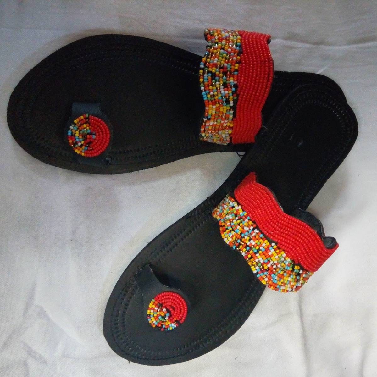 Handmade African Beaded Sandals/Authentic Maasai-Style Leather Flip-Flops Women/Boho Beach Sandals/Comfortable Summer Sandal African Gifts