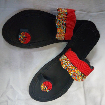 Handmade African Beaded Sandals/Authentic Maasai-Style Leather Flip-Flops Women/Boho Beach Sandals/Comfortable Summer Sandal African Gifts