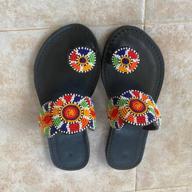 Handmade African Beaded Sandals/Authentic Maasai-Style Leather Flip-Flops Women/Boho Beach Sandals/Comfortable Summer Sandal African Gifts