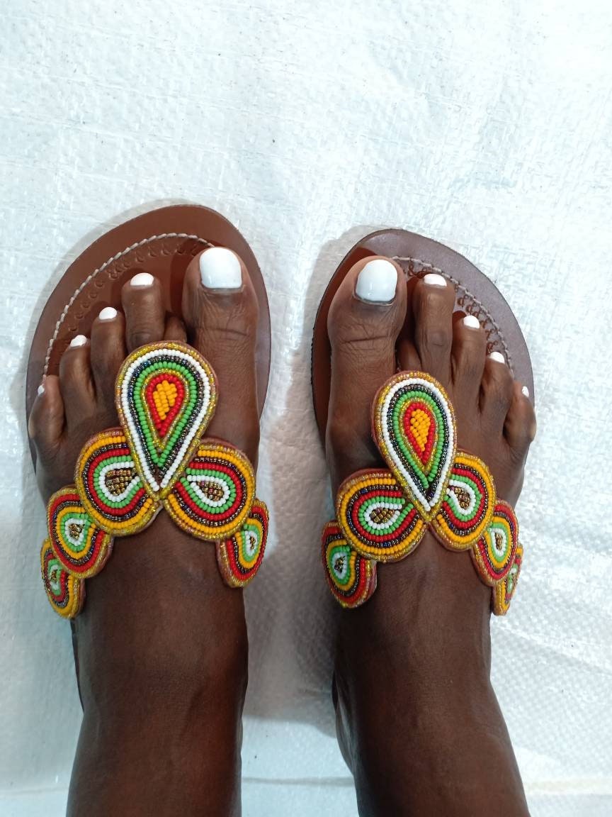 Handmade African Beaded Sandals/Authentic Maasai-Style Leather Flip-Flops Women/Boho Beach Sandals/Comfortable Summer Sandal African Gifts