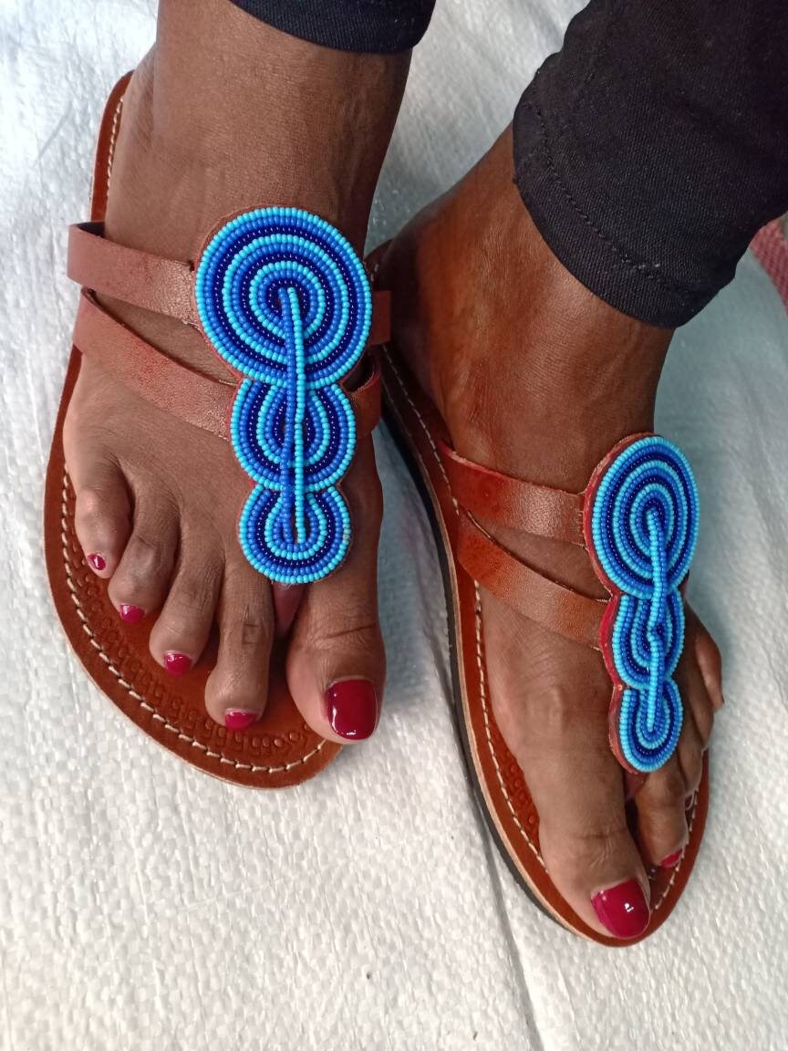 Handmade African Beaded Sandals/Authentic Maasai-Style Leather Flip-Flops Women/Boho Beach Sandals/Comfortable Summer Sandal African Gifts