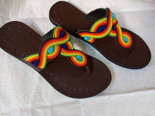 Handmade African Beaded Sandals/Authentic Maasai-Style Leather Flip-Flops Women/Boho Beach Sandals/Comfortable Summer Sandal African Gifts