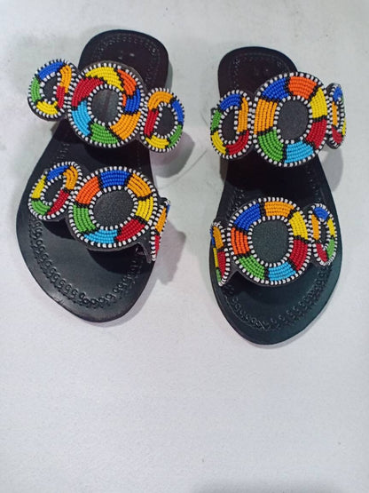 Handmade African Beaded Sandals/Authentic Maasai-Style Leather Flip-Flops Women/Boho Beach Sandals/Comfortable Summer Sandal African Gifts