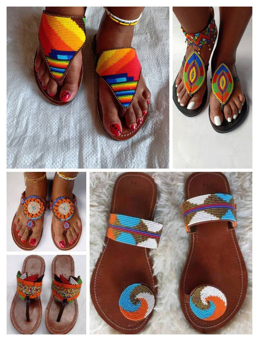 Handmade African Beaded Sandals/Authentic Maasai-Style Leather Flip-Flops Women/Boho Beach Sandals/Comfortable Summer Sandal African Gifts