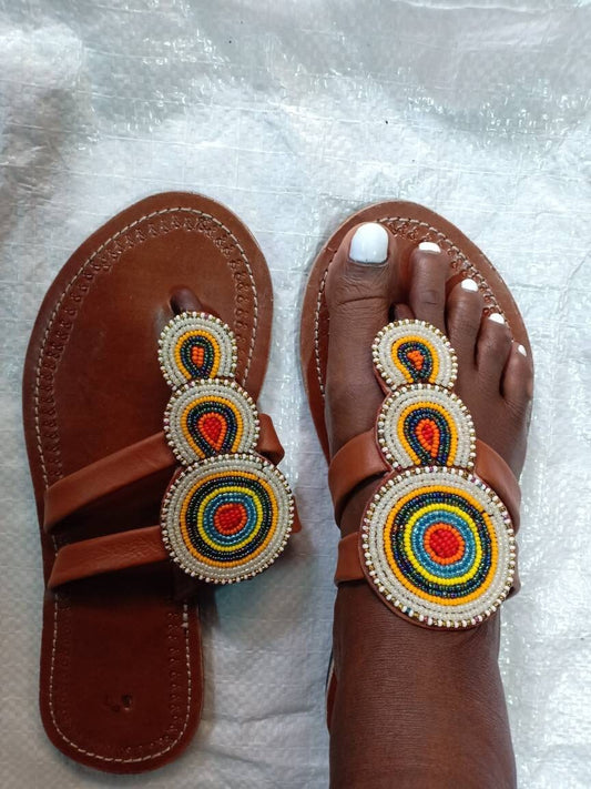 Handmade African Beaded Sandals/Authentic Maasai-Style Leather Flip-Flops Women/Boho Beach Sandals/Comfortable Summer Sandal African Gifts